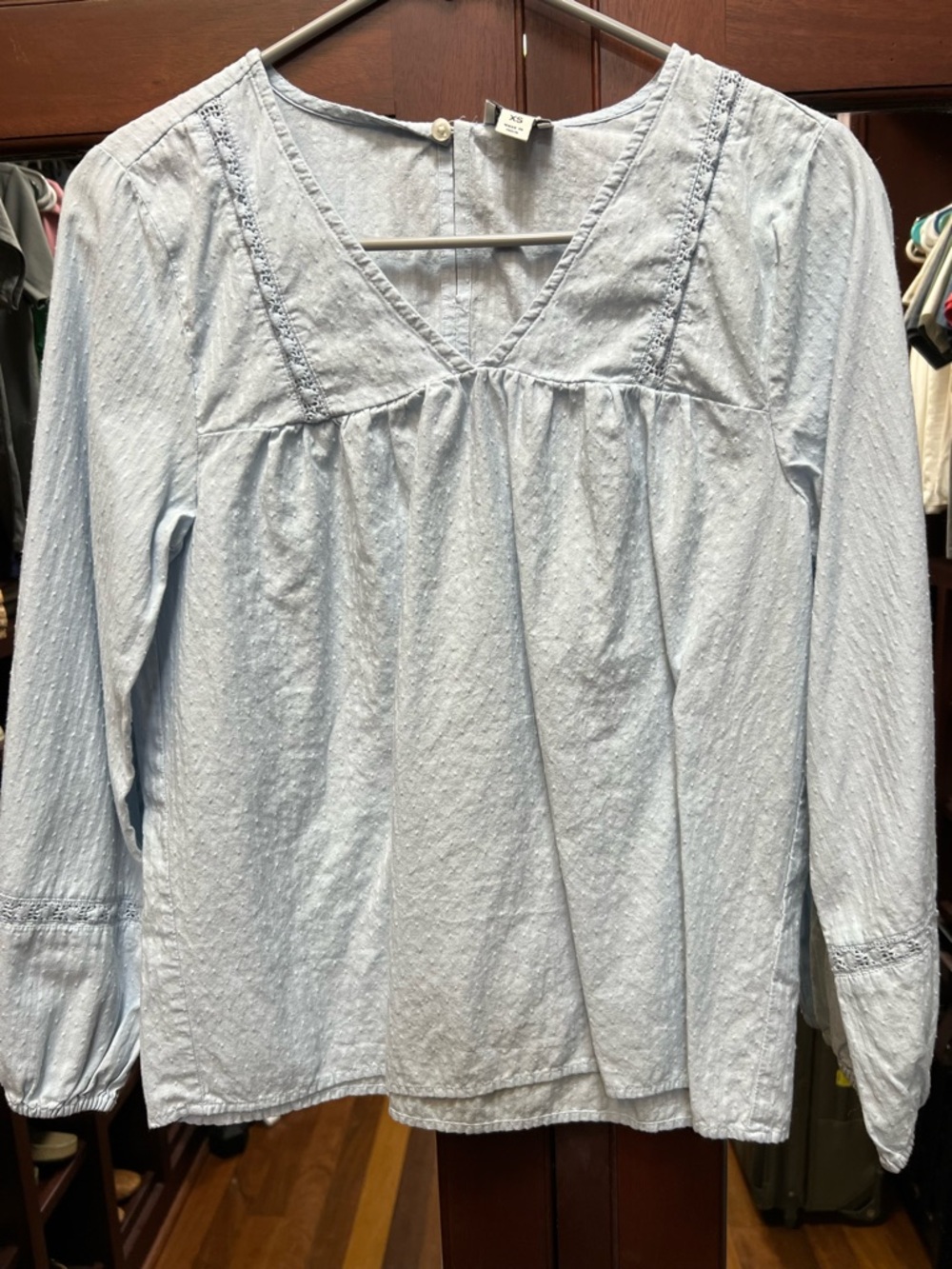 J. Crew XS Light Blue Textured V-Neck Peasant Blouse